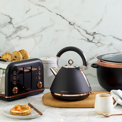 Matching Rose Gold toaster, kettle and slow cooker in black colour