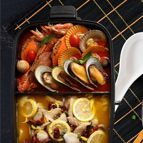 Multifunction Cooking Pot with HotPot with 2 separate sections for the seafood dish and chicken dish